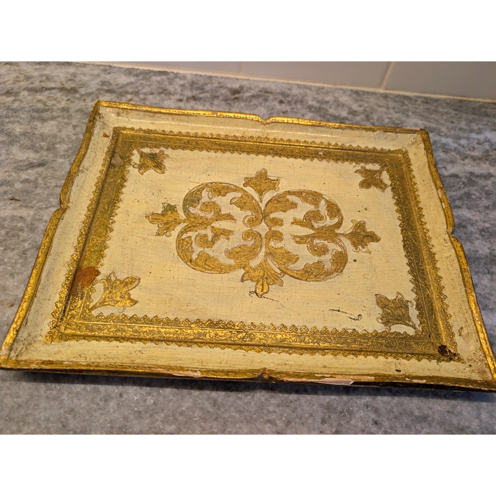 Vintage Italian Florentine Gilt Wood Tray 12x9 Gold Cream Made in Italy